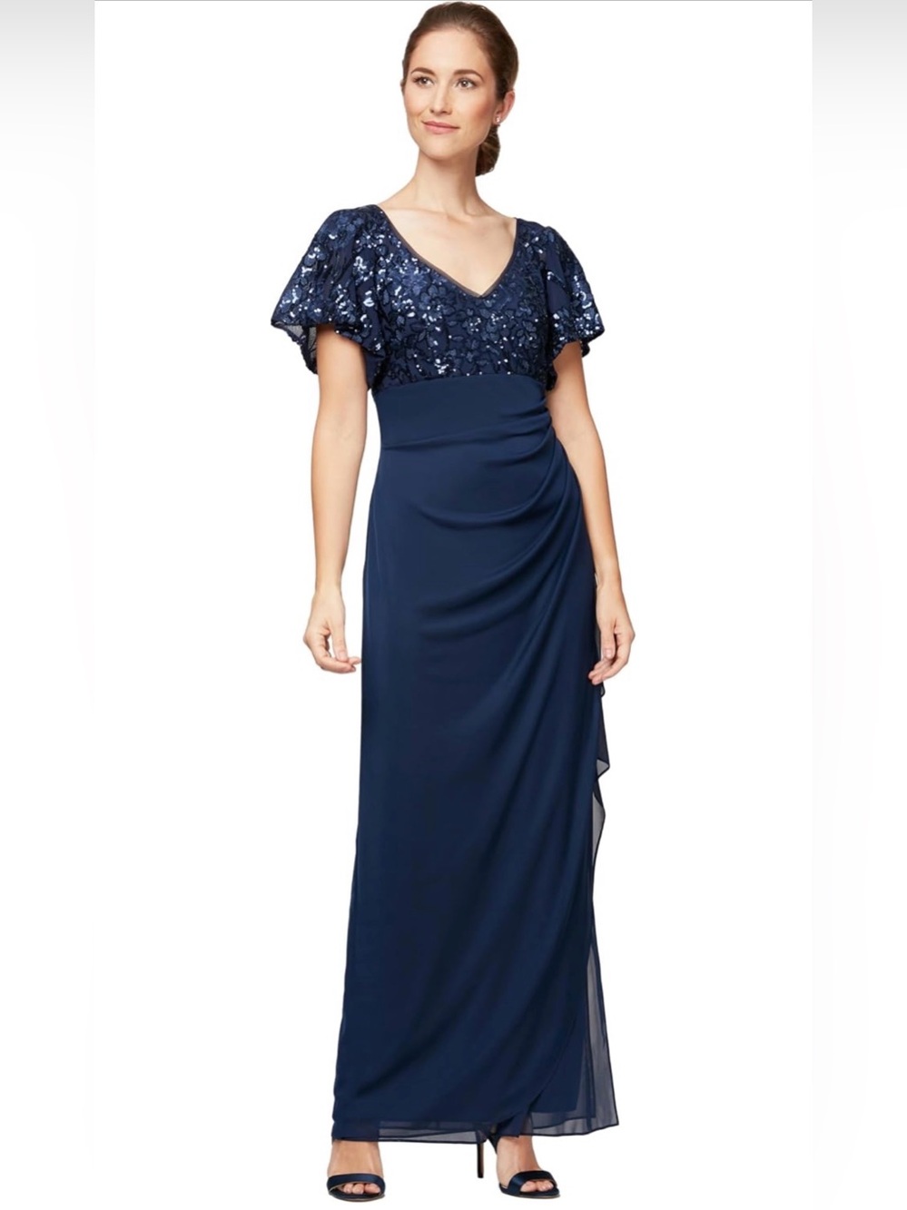 Alex Evenings Navy Blue Sequin Bodice Flutter Sleeve Long Gown Size 18 Formals - Picture 5 of 8